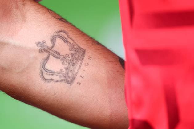 England v Switzerland 6 July 2024, Dusseldorf - UEFA EUROs - Quarter-Final - England v Switzerland - A tattoo on the arm of Luke Shaw of England - Photo: Charlotte Wilson Offside. Dusseldorf Germany Copyright: xCharlottexWilsonx xOffsidexOffside