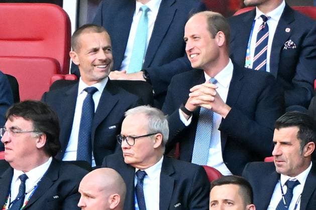 Duesseldorf, Duesseldorf Arena, 06.07.24, GER, Herren, UEFA EURO, EM, Europameisterschaft,Fussball 2024, Viertelfinale: England - Schweiz Bild: v.li. UEFA-Praesident Aleksandr CEFERIN und Prinz William (England) Only for editorial use! UEFA regulations prohibit any use of photographs as image sequences and or quasi-video. Nordrhein-Westfalen Deutschland