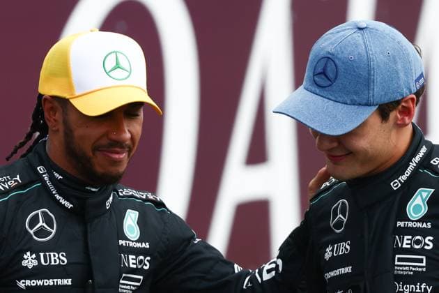 F1 British Grand Prix 2024 Qualifying Lewis Hamilton and George Russell of Mercedes after qualifying ahead of the Formula 1 British Grand Prix at Silverstone Circuit in Northampton, Great Britain on July 6, 2024. London United Kingdom  Copyright: xJakubxPorzyckix originalFilename:porzycki-f1britis240706_np3tX.jpg