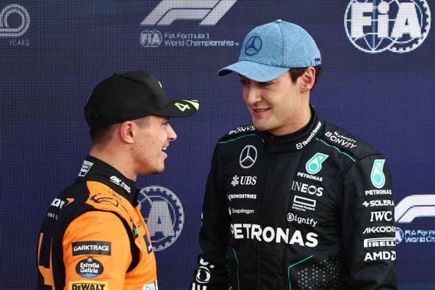 F1 British Grand Prix 2024 Qualifying Lando Norris of McLaren and George Russell of Mercedes after qualifying ahead of the Formula 1 British Grand Prix at Silverstone Circuit in Northampton, Great Britain on July 6, 2024. London United Kingdom  Copyright: xJakubxPorzyckix originalFilename:porzycki-f1britis240706_npZiT.jpg