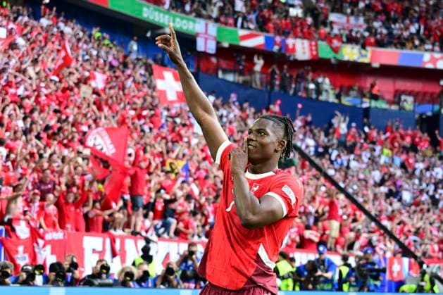Torjubel zum 0:1 durch Breel Embolo 7 (Schweiz), England - Schweiz, Fussball, UEFA EURO, EM, Europameisterschaft,Fussball 2024, Viertelfinale, 06.07.2024 Düsseldorf Nordrhein - Westfalen Deutschland