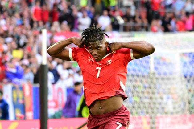 Torjubel zum 0:1 durch Breel Embolo 7 (Schweiz), England - Schweiz, Fussball, UEFA EURO, EM, Europameisterschaft,Fussball 2024, Viertelfinale, 06.07.2024 Düsseldorf Nordrhein - Westfalen Deutschland