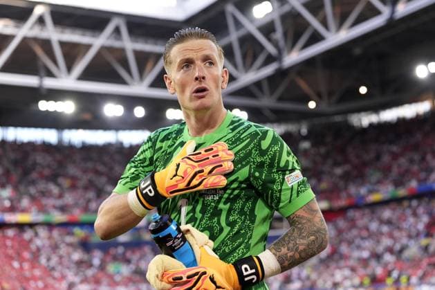 England s goalkeeper Jordan Pickford celebrates during a quarterfinal match between England and Swiss at the Euro 2024 soccer tournament in Dusseldorf - Esprit Arena, Germany - Saturday, July 6, 2024. - Soccer .  Copyright: xFabioxFerrari LaPressex