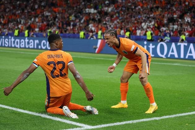 BERLIN 06.07.2024 MECZ 1 4 FINALU CWIERCFINAL MISTRZOSTW EUROPY 2024: HOLANDIA - TURCJA --- QUARTERFINAL UEFA EURO, EM, Europameisterschaft,Fussball 2024 MATCH: THE NETHERLANDS - TURKEY CODY GAKPO BRAMKA GOL RADOSC DENZEL DUMFRIES XAVI SIMONS FOT. PIOTR KUCZA FOTOPYK NEWSPIX.PL --- Newspix.pl  240706PYK0066