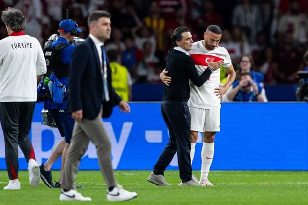 240706 Head coach Vincenzo Montella and Cenk Tosun of Türkiye look dejected after the UEFA EURO, EM, Europameisterschaft,Fussball 2024 Football Championship quarterfinal between Netherlands and Türkiye on July 6, 2024 in Berlin. Photo: Jesper Zerman BILDBYRAN kod JZ JZ0552 fotboll football soccer fotball fotbolls-em europamästerskap em uefa euro uefa european football championship euro 2024 nederländerna holland netherlands türkiye bbeng dejected depp Copyright: JESPERxZERMAN BB240706JZ145