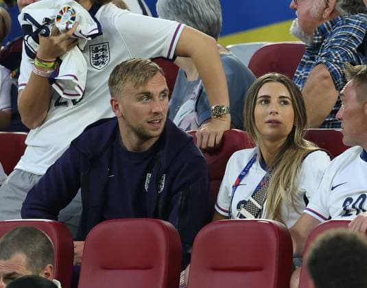 Dusseldorf, Germany, 6th July 2024. Jarrod Bowen of England and his partner Dani Dyer during the UEFA European Championships Quarter Final match at Dusseldorf Arena, Dusseldorf. Picture credit should read: Paul Terry Sportimage EDITORIAL USE ONLY. No use with unauthorised audio, video, data, fixture lists, club league logos or live services. Online in-match use limited to 120 images, no video emulation. No use in betting, games or single club league player publications. SPI-3218-0127