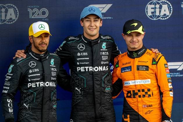 SILVERSTONE, UNITED KINGDOM: George Russell, racing for the Mercedes F1 team during the 2024 Formula 1 British Grand Prix at the Silverstone Circuit in Silverstone, United Kingdom