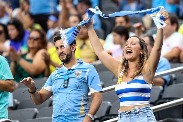 July 06, 2024: A Uruguay fan cheers for her team during the CONMEBOL Copa America Quarterfinals match at Allegiant Stadium between Uruguay and Brazil on July 06, 2024 in Las Vegas, NV. CSM. Las Vegas United States of America - ZUMAc04_ 20240706_zma_c04_080 Copyright: xChristopherxTrimx