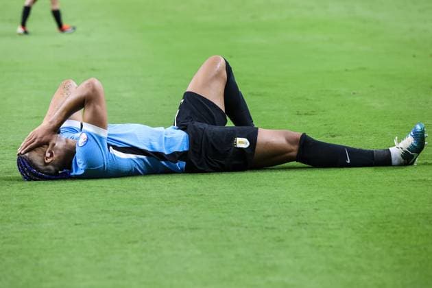 July 06, 2024: Uruguay defender Ronald AraoÂºjo (4) lays on the ground during the CONMEBOL Copa America Quarterfinals match at Allegiant Stadium between Uruguay and Brazil on July 06, 2024 in Las Vegas, NV. CSM. Las Vegas United States of America - ZUMAc04_ 20240706_zma_c04_083 Copyright: xChristopherxTrimx