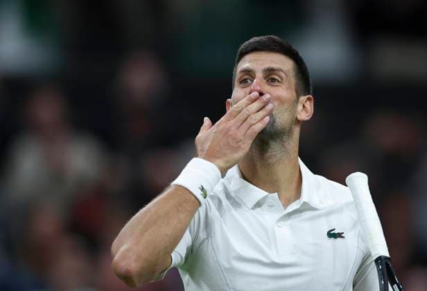 (240707) -- LONDON, July 7, 2024 -- Novak Djokovic celebrates after the men s singles third round match between Novak Djokovic of Serbia and Alexei Popyrin of Australia at Wimbledon tennis Championship in London, Britain on July 6, 2024. ) (SP)BRITAIN-LONDON-TENNIS-WIMBLEDON HanxYan 