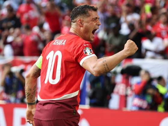 Football - 2024 UEFA European Championship, EM, Europameisterschaft Finals - Quarter-Final - England vs Switzerland - Dusseldorf Arena - Saturday 6th July 2024 Grant Xhaka of Switzerland celebrates after Brett Embolo of Switzerland scores to make it 1-0 