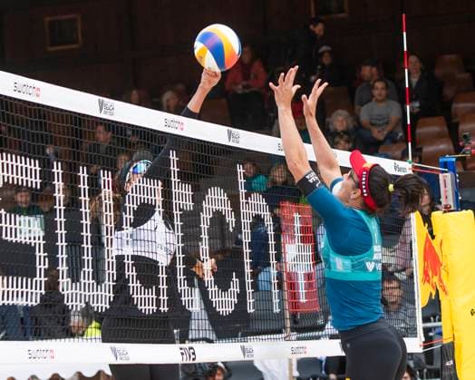 July 7, 2024, Gstaad, Bern, Switzerland: Gstaad Switzerland, 07 07 2024: REBECCA CAVAlCANTE BARBOSA DA SILVA of Brasil makes a block against TERESE CANNON of USA team during Swatch Beach Pro Gstaad 2024, Swatch Beach Pro Gstaad 2024 took place in the famous ski resort and which organizes events like the EFG Swiss Open Gstaad ATP, Tennis Herren 250 and the Polo Gold Club Gstaad 2024 and took place at Roy Emerson Arena in Gstaad; which also counts for the Volleyball World Beach Pro Tour championship and which serves as a warm-up for the stars of the future Paris Olympic Games, Olympische Spiele, Olympia, OS Gstaad Switzerland - ZUMAd206 20240707_zip_d206_012 Copyright: xEricxDubostx