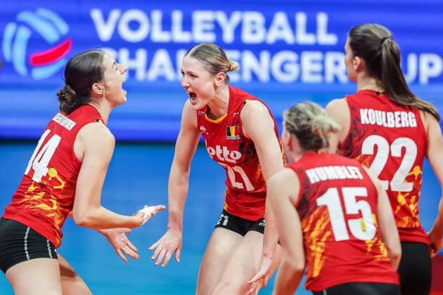 (240707) -- MANILA, July 7, 2024 -- Players from Belgium celebrate scoring during the 3rd place match between Vietnam and Belgium at the FIVB Women s Volleyball Challenger Cup 2024 in Manila, the Philippines, on July 7, 2024. ) (SP)PHILIPPINES-MANILA-VOLLEYBALL-FIVB WOMEN S CHALLENGER CUP 2024-VIETNAM VS BELGIUM RouellexUmali 