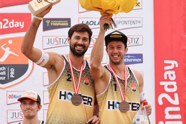 Beach volleyball, Beachvolleyball - Pro Beach Battle Masters SEEWALCHEN,AUSTRIA,07.JUL.24 - BEACH VOLLEYBALL - Beach Volleyball Tour PRO, Pro Beach Battle Masters Litzlberg. Image shows Christoph Dressler and Maximilian Trummer (AUT).  GEPAxpictures xMathiasxMandl