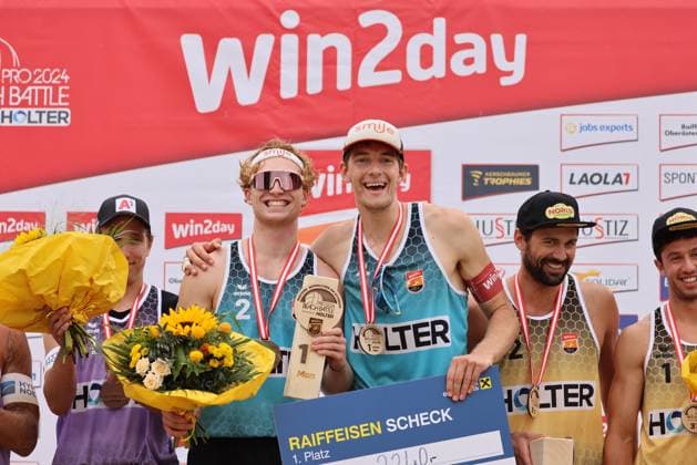 Beach volleyball, Beachvolleyball - Pro Beach Battle Masters SEEWALCHEN,AUSTRIA,07.JUL.24 - BEACH VOLLEYBALL - Beach Volleyball Tour PRO, Pro Beach Battle Masters Litzlberg. Image shows Timo Hammarberg (AUT) and Tim Berger (AUT).  GEPAxpictures xMathiasxMandl