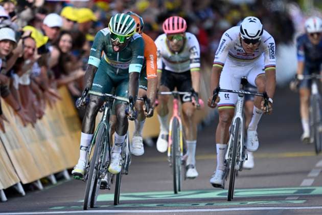 Tour de France 2024 - Stage 09 TROYES, FRANCE - JULY 07 : Girmay Biniam (ERI) of Intermarche - Wanty, Van Der Poel Mathieu (NED) of Alpecin - Deceuninck during stage 9 of the 111th edition of the Tour de France 2024 cycling race, a stage of 199 kms with start and finish in Troyes on July 07, 2024 in Troyes, France, 07 07 2024 Troyes France  Copyright: xNicoxVereeckenx