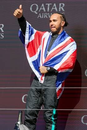 Formula One British Grand Prix Lewis Hamilton 44 (GBR), Mercedes AMG Petronas W15 celebrtaes winning on the podium thumbs up during the Formula One Qatar Airways British Grand Prix at the Silverstone Circuit, Silverstone, England, United Kingdom on 7 July 2024 Editorial use only. All images are copyright Every Second Media Limited. No images may be reproduced without prior permission. Copyright: xIMAGO EveryxSecondxMediax ESM-1048-0036