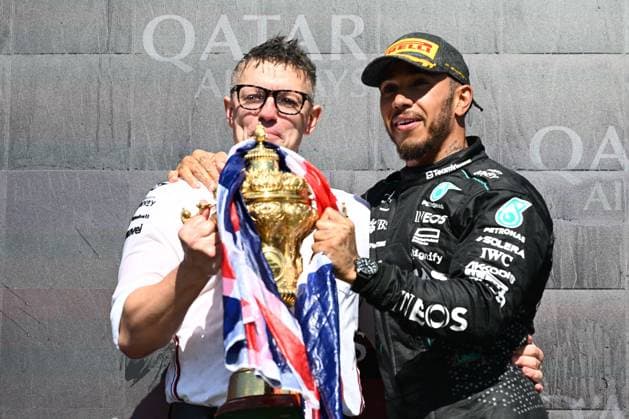 7th July 2024; Silverstone Circuit, Northamptonshire, England; Formula 1 2024 Qatar Airways British F1 Grand Prix; Race Day; The podium with Lewis Hamilton (44) of Mercedes and Peter Bonnington of Mercedes collecting the constructors trophy  ActionPlus12665886 SimonxWest