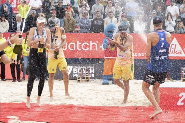 Gstaad: Gstaad Switzerland, 07 07 2024: podium ceremony during Swatch Beach Pro Gstaad 2024, Roy Emerson Arena in Gstaad. during Swatch Beach Volley, Beach Volley match in Gstaad, Switzerland, July 07 2024 Beach Volley match - Swatch Beach Volley  - ZUMAp169 20240707_zsa_p169_199 Copyright: xPatrickxDancel IPAxSportx