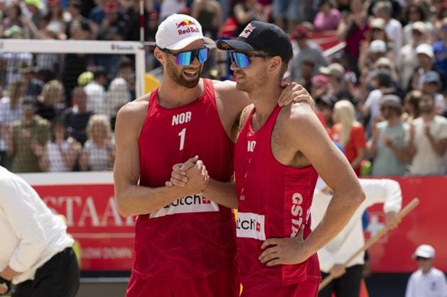Beach Volley match - Swatch Beach Volley Gstaad Switzerland, 07 07 2024: Anders Berntsen Mol (NOR) and Christian Sandlie Sorum (NOR) win final for third place of Swatch Beach Pro Gstaad 2024, Roy Emerson Arena in Gstaad. during Swatch Beach Volley, Beach Volley match in Gstaad, Switzerland, July 07 2024 Gstaad Switzerland  Copyright: xIPAxSport ABACAx