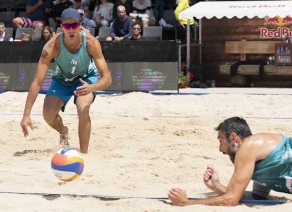 Beach Volley match - Swatch Beach Volley Gstaad Switzerland, 07 07 2024: Samuele Cottafava (ITA) and Paolo Nicolai (ITA) in action during final for third place of Swatch Beach Pro Gstaad 2024, Roy Emerson Arena in Gstaad. during Swatch Beach Volley, Beach Volley match in Gstaad, Switzerland, July 07 2024 Gstaad Switzerland  Copyright: xIPAxSport ABACAx