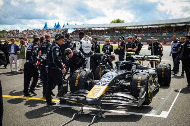 Cars of the fictional Apex APXGP Team, for the upcoming Formula One based movie Apex by Apple Studios and Bruckheimer Films, F1 Grand Prix of Great Britain at Silverstone Circuit on July 7, 2024 in Silverstone, Great Britain. (Photo by HOCH ZWEI) Silverstone Great Britain