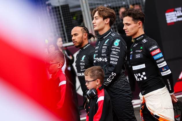 44 Lewis Hamilton (GBR, Mercedes-AMG Petronas F1 Team), 63 George Russell (GBR, Mercedes-AMG Petronas F1 Team), 4 Lando Norris (GBR, McLaren Formula 1 Team), F1 Grand Prix of Great Britain at Silverstone Circuit on July 7, 2024 in Silverstone, Great Britain. (Photo by HOCH ZWEI) Silverstone Great Britain