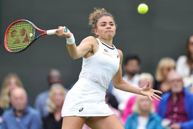 Jasmine Paolini, ITA, during fourth round of 2024 All England Lawn Tennis Championships at Wimbledon, womens singles, London, 07 07 2024; -