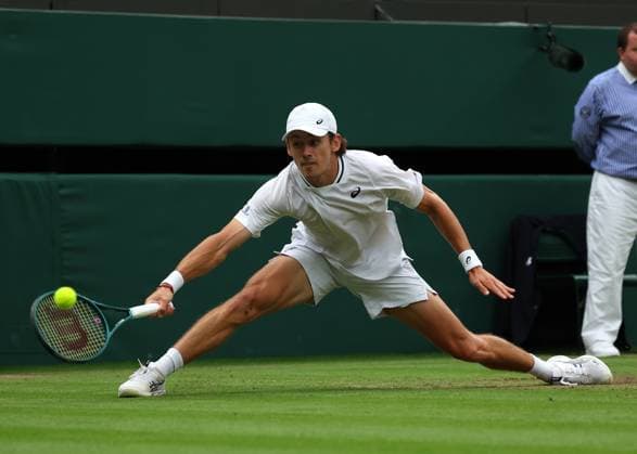 8th July 2024; All England Lawn Tennis and Croquet Club, London, England; Wimbledon Tennis Tournament, Day 8; Alex de Minaur (AUS) with a forehand shot to Arthur Fils (FRA)  ActionPlus12666239 JohnxPatrickxFletcher