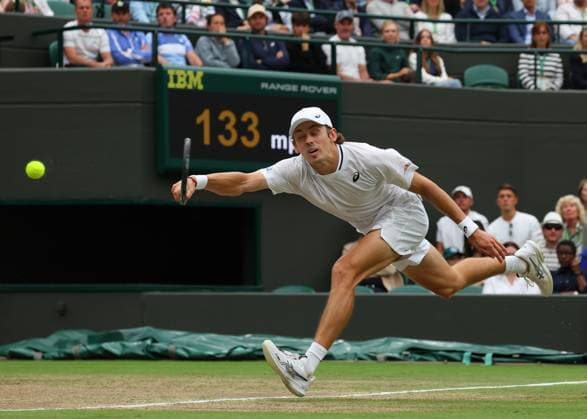 8th July 2024; All England Lawn Tennis and Croquet Club, London, England; Wimbledon Tennis Tournament, Day 8; Alex de Minaur (AUS) with a forehand shot to Arthur Fils (FRA) mens singles match  ActionPlus12666241 JohnxPatrickxFletcher