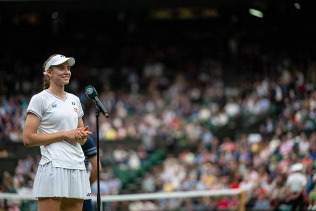 Tennis - Wimbledon Championship 2024 - Day 8 LONDON, ENGLAND - Monday, July 8, 2024: Elena Rybakina (KAZ) gives an interview after the Ladies Singles 4th Round match on Day Eight of The Championships Wimbledon 2024 at the All England Lawn Tennis and Croquet Club. Rybakina won after her opponent retired at 6-3, 3-0. (Photo by Kirsten Holst Propaganda) LONDON All England Lawn Tennis and Croq GREATER LONDON ENGLAND  Copyright: xKirstenxHolstx 2024-07-08-016-Wimbledon_Day_8