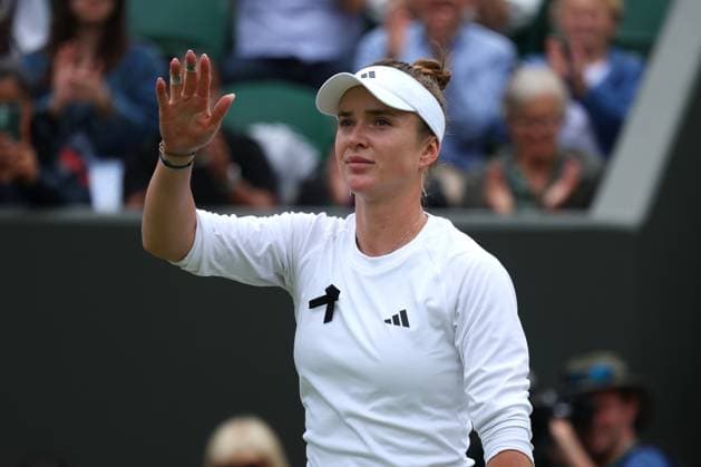 8th July 2024; All England Lawn Tennis and Croquet Club, London, England; Wimbledon Tennis Tournament, Day 8; Elina Svitolina (UKR) celebrates after defeating Wang Xinyu (CHN) in under an hour in her ladies singles match while wearing a black ribbon in support of the victims of the Russia-Ukraine war  ActionPlus12666262 JohnxPatrickxFletcher