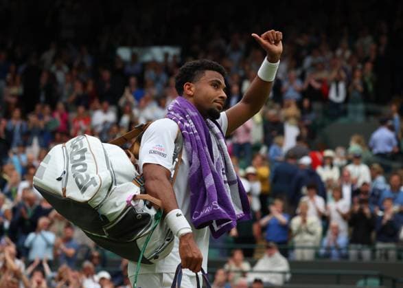 8th July 2024; All England Lawn Tennis and Croquet Club, London, England; Wimbledon Tennis Tournament, Day 8; Arthur Fils (FRA) giving the thumbs up to the crowd at Court 1 after losing to Alex de Minaur (AUS) in his mens singles match  ActionPlus12666273 JohnxPatrickxFletcher
