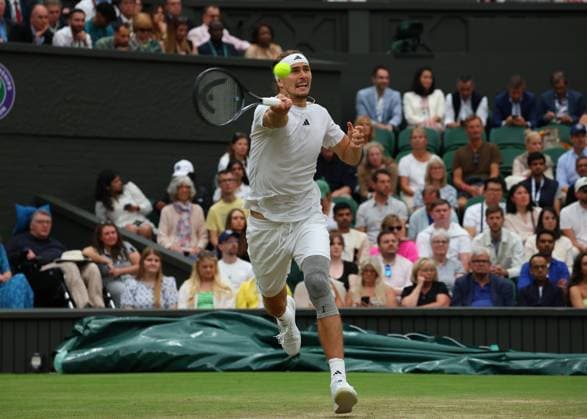 8th July 2024; All England Lawn Tennis and Croquet Club, London, England; Wimbledon Tennis Tournament, Day 8; Alexander Zverev (GER) with a forehand shot to Taylor Fritz (USA), mens singles match  ActionPlus12666280 JohnxPatrickxFletcher
