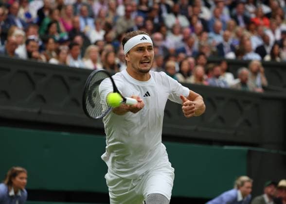 8th July 2024; All England Lawn Tennis and Croquet Club, London, England; Wimbledon Tennis Tournament, Day 8; Alexander Zverev (GER) with a forehand shot to Taylor Fritz (USA), mens singles match  ActionPlus12666282 JohnxPatrickxFletcher