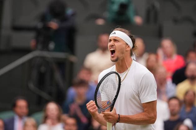 LONDON, ENGLAND - JULY 08: Alexander Zverev of Germany celebrates winning set point against Taylor Fritz of United States in the Gentlemen s Singles fourth round match during day eight of The Championships Wimbledon 2024 at All England Lawn Tennis and Croquet Club on July 08, 2024 in London, England.  Copyright: xHiroshixSatox