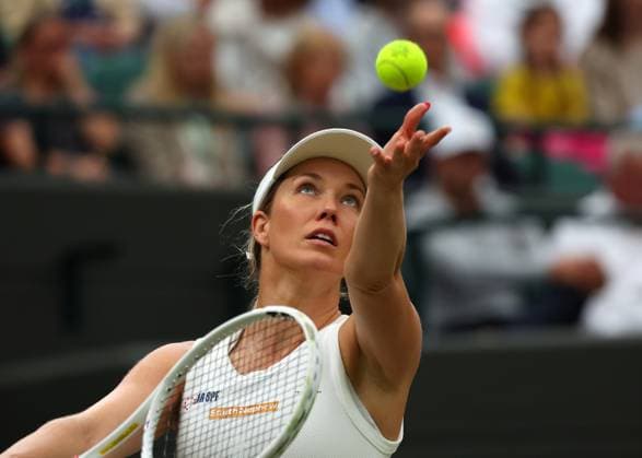 8th July 2024; All England Lawn Tennis and Croquet Club, London, England; Wimbledon Tennis Tournament, Day 8; Danielle Collins (USA) serves to Barbora Krejcikova (CZE), ladies singles match  ActionPlus12666321 JohnxPatrickxFletcher