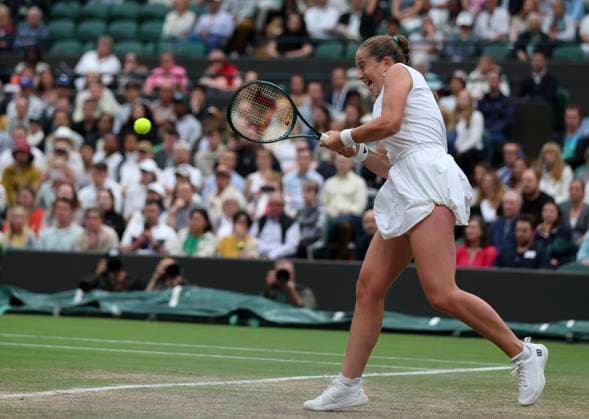 (240709) -- LONDON, July 9, 2024 -- Jelena Ostapenko competes during the women s singles fourth round match between Jelena Ostapenko of Latvia and Yulia Putintseva of Kazakhstan at Wimbledon tennis Championship in London, Britain, on July 8, 2024. ) (SP)BRITAIN-LONDON-TENNIS-WIMBLEDON-DAY 8 HanxYan 