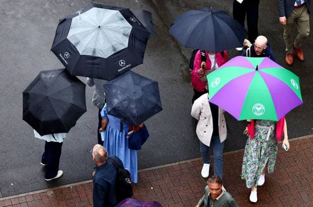 Spectators shelter under umbrellas around the grounds as rain falls before the start of play. Wimbledon Tennis Championships, Day 9, The All England Lawn Tennis and Croquet Club, London, UK - 09 Jul 2024  Copyright: xJamesxMarsh Shutterstockx 14577170b
