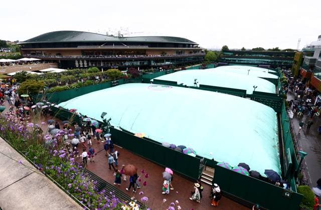 Covers are seen on outside courts as rain falls before the start of play. Wimbledon Tennis Championships, Day 9, The All England Lawn Tennis and Croquet Club, London, UK - 09 Jul 2024  Copyright: xJamesxMarsh Shutterstockx 14577170a