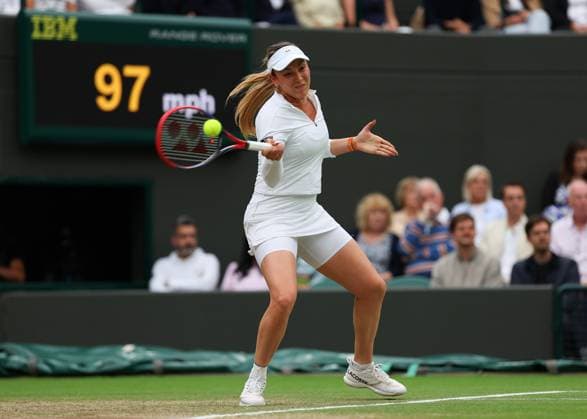 9th July 2024; All England Lawn Tennis and Croquet Club, London, England; Wimbledon Tennis Tournament, Day 9; Donna Vekic (CRO) from the baseline against Lulu Sun (NZL), womens singles quarter final match  ActionPlus12666352 JohnxPatrickxFletcher
