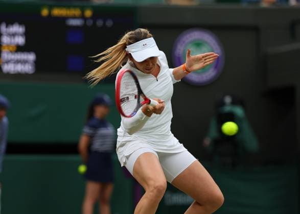 9th July 2024; All England Lawn Tennis and Croquet Club, London, England; Wimbledon Tennis Tournament, Day 9; Donna Vekic (CRO) from the baseline against Lulu Sun (NZL), womens singles quarter final match  ActionPlus12666347 JohnxPatrickxFletcher