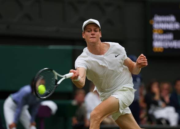 9th July 2024; All England Lawn Tennis and Croquet Club, London, England; Wimbledon Tennis Tournament, Day 9; Jannik Sinner (ITA) from the baseline against Daniil Medvedev (RUS), mens singles quarter final match  ActionPlus12666373 JohnxPatrickxFletcher