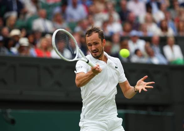 9th July 2024; All England Lawn Tennis and Croquet Club, London, England; Wimbledon Tennis Tournament, Day 9; Daniil Medvedev (RUS) from the baseline against Jannik Sinner (ITA), mens singles quarter final match  ActionPlus12666389 JohnxPatrickxFletcher