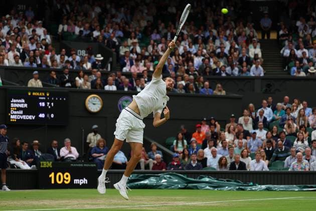 9th July 2024; All England Lawn Tennis and Croquet Club, London, England; Wimbledon Tennis Tournament, Day 9; Daniil Medvedev (RUS) serves to Jannik Sinner (ITA), mens singles quarter final match  ActionPlus12666390 JohnxPatrickxFletcher