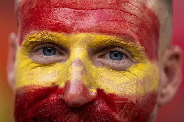 240709 A fan of Spain ahead of the UEFA EURO, EM, Europameisterschaft,Fussball 2024 Football Championship semifinal between Spain and France on July 9, 2024 in Munich. Photo: Mathias Bergeld BILDBYRAN kod MB MB0944 fotboll football soccer fotball fotbolls-em europamästerskap em uefa euro uefa european football championship euro 2024 semifinal semifinals spanien spain frankrike france bbeng publik Copyright: MATHIASxBERGELD BB240709MB010