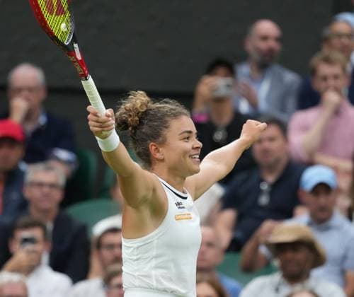 Lawn Tennis - 2024 Wimbledon Championship Ladies singles - Jasmine Paolini (ITA) v Emma Navarro (USA) All England Lawn Tennis & Croquet Club - Tuesday 9h July 2024 Jasmine Paolini (ITA) celebrates winning match point 