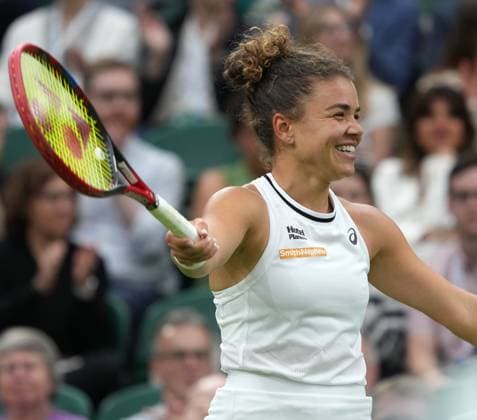 Lawn Tennis - 2024 Wimbledon Championship Ladies singles - Jasmine Paolini (ITA) v Emma Navarro (USA) All England Lawn Tennis & Croquet Club - Tuesday 9h July 2024 Jasmine Paolini (ITA) celebrates winning match point 