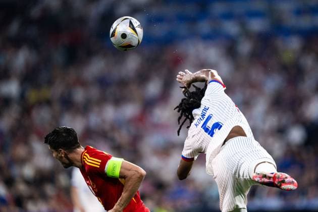 EURO 2024, Die Highlights 240709 Alvaro Morata of Spain and Jules KoundÃ of France during the UEFA EURO, EM, Europameisterschaft,Fussball 2024 Football Championship semifinal between Spain and France on July 9, 2024 in Munich. Photo: Mathias Bergeld BILDBYRAN kod MB MB0944 fotboll football soccer fotball fotbolls-em europamästerskap em uefa euro uefa european football championship euro 2024 semifinal semifinals spanien spain frankrike france bbeng Copyright: MATHIASxBERGELD BB240709MB084
