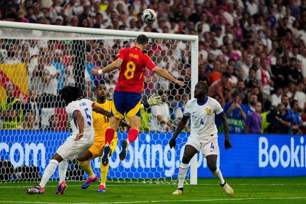 Fabian Ruiz of Spain takes a header on goal Spain v France, UEFA European Championship, EM, Europameisterschaft 2024, Semi Final, Football, Munich Football Arena, Munich, Germany - 09 Jul 2024 EDITORIAL USE ONLY No use with unauthorised audio, video, data, fixture lists, club league logos or live services. Online in-match use limited to 120 images, no video emulation. No use in betting, games or single club league player publications. Copyright: xDavexShopland Shutterstockx 14576888cd